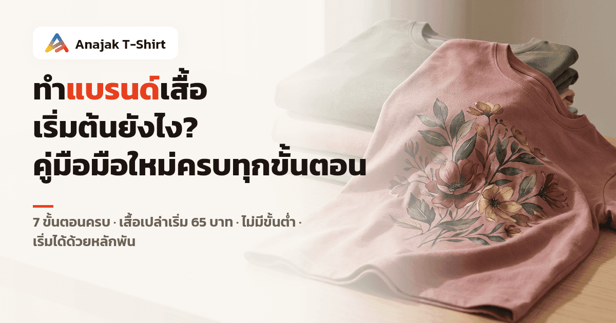 ภาพกองเสื้อยืดคอตตอนพับเรียงเล็กๆ โทนสีเรียบวางบนโต๊ะไม้ มีตัวหนึ่งกางให้เห็นลายกราฟิกดอกไม้ สื่อการเริ่มทำแบรนด์ล็อตเล็ก