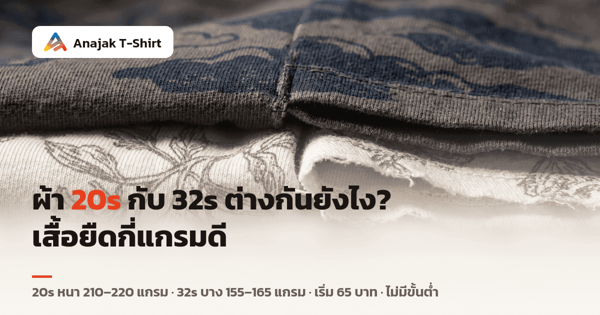ภาพมาโครเสื้อยืดคอตตอนสองตัวพับซ้อนกันให้ขอบผ้าชนกัน ตัวหนึ่งเนื้อหนาแน่น อีกตัวบางเนียน เห็นความต่างของความหนาผ้าชัดเจน